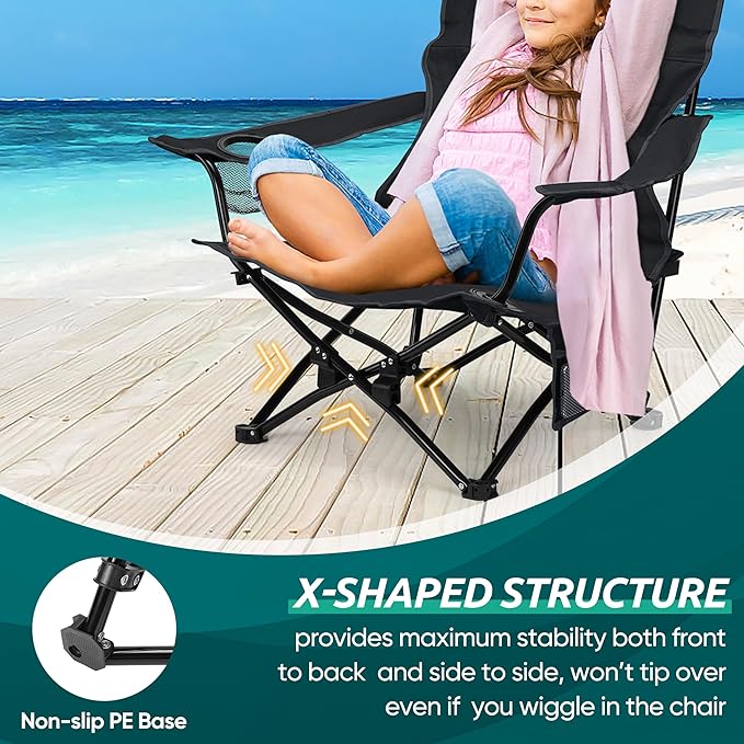 HaSteeL Folding Beach Chair Set of 2 Foldable Black Camping Chairs for Outside Low Beach Chair Portable for Adults Fishing Picnic Outdoor BBQ Travel Sports Cup Holder &amp Storage Bag