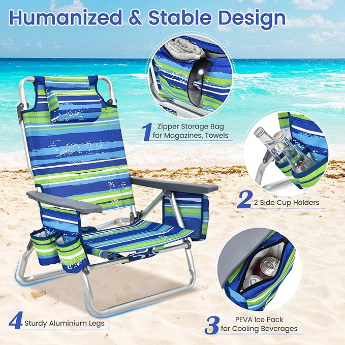 Tangkula Set of 2 Backpack Beach Chair 5-Position Lay Flat Beach Chairs with Cooler Bag 2 Cup Holders Towel Bar Lightweight Folding Beach Chair with Backpack Straps