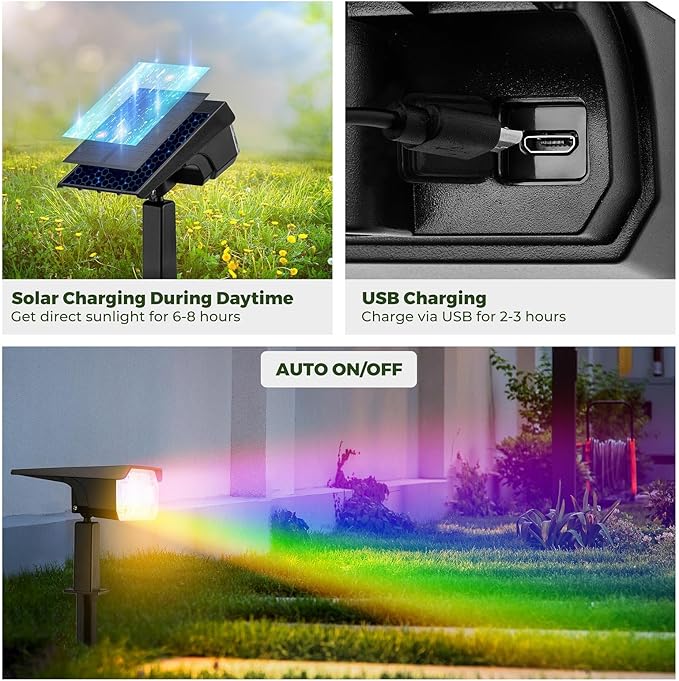 Kingsyard Solar Lights Outdoor Waterproof IP68 47 LEDs 3 Lighting Modes USB &amp Solar Powered Garden Yard Pathway Spot Lights for Outside Landscape Auto On/Off 2 Pack(Cool White)