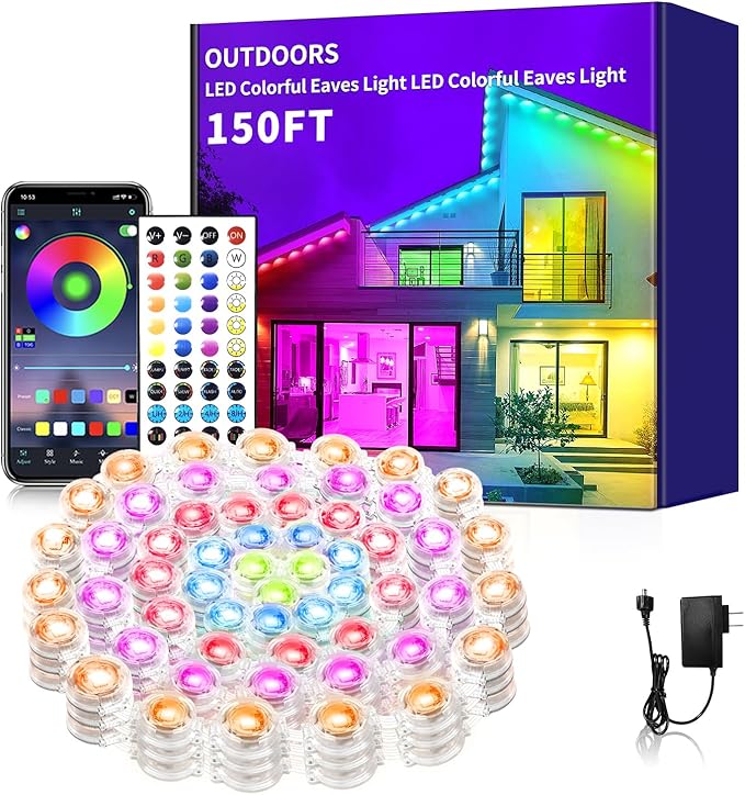150ft Permanent Outdoor Light RGB Smart Outdoor eave Lights with APP &amp Remote Controltimed Music synchronisation IP67 Waterproof LED eave LightSuitable for PartyHalloweenChristmasRooftopGar