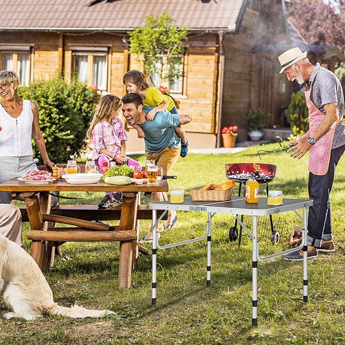 GYMAX Aluminum Folding Camping Table Adjustable Grill Table Portable Metal Grill Stand for BBQ Camping Outdoor Cooking