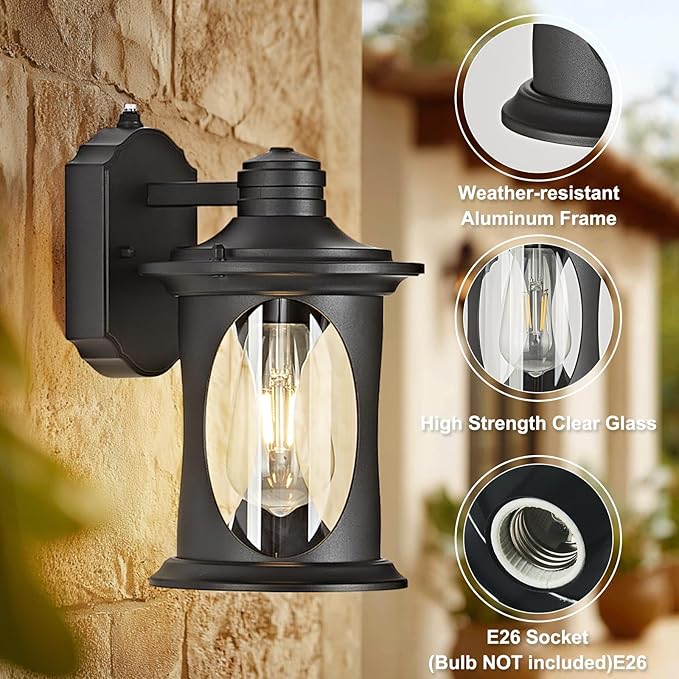 OKELI 2-Pack Dusk to Dawn Outdoor Wall Lights Black Exterior Lighting Fixture Wall Sconces with E26 &amp Tempered Glass Rust Resistant Outside Lantern Lights Wall Mounted for Porch