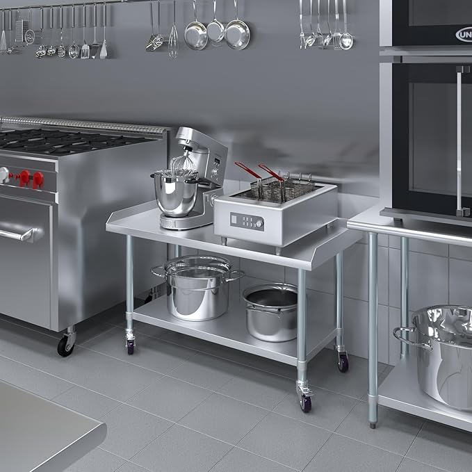 AmGood Stainless Steel Equipment Stand with Undershelf + Casters Heavy Duty Commercial Grade NSF Certified (24 Width x 48 Length + Casters)