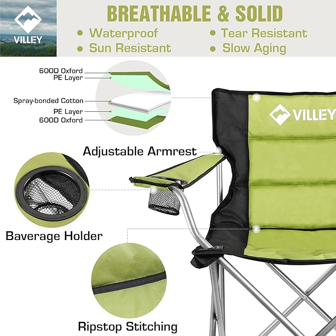 VILLEY Camping Chairs Padded Folding Chair Outdoor Portable High Camp Chair Foldable Outside Arm Chair with Cup Holder &amp Carry Bag Green
