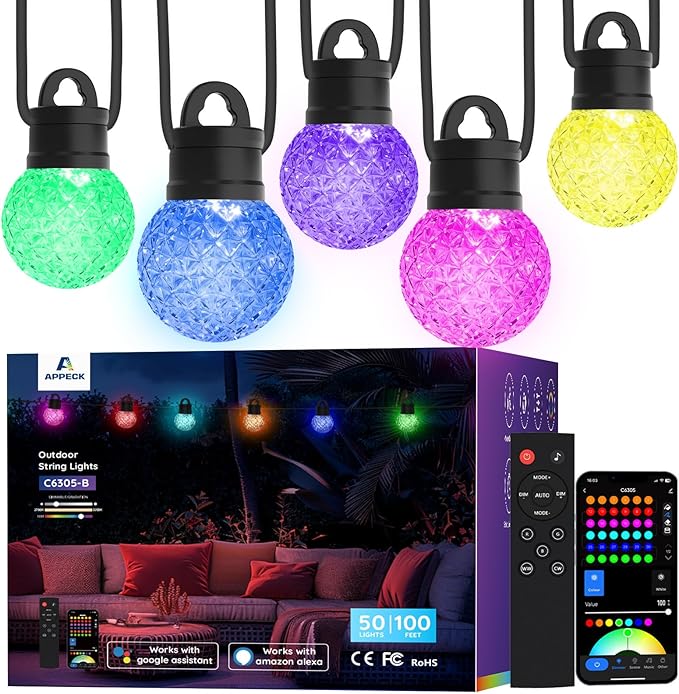 APPECK Outdoor String Lights 100ft RGBW Color Changing Patio Lights with 50 Dimmable LED Bulbs 111 Scene Modes IP65 Waterproof Lighting for Outside Party Backyard Pool Compatible with Alexa