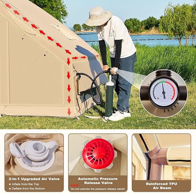 Inflatable Tents for Camping Blow Up Tent with Hand Pump Easy Setup Inflatable Hot Tent with Stove Jack Doors Mesh Windows Waterproof Oxford Air Glamping Tents for Camping 4 Person