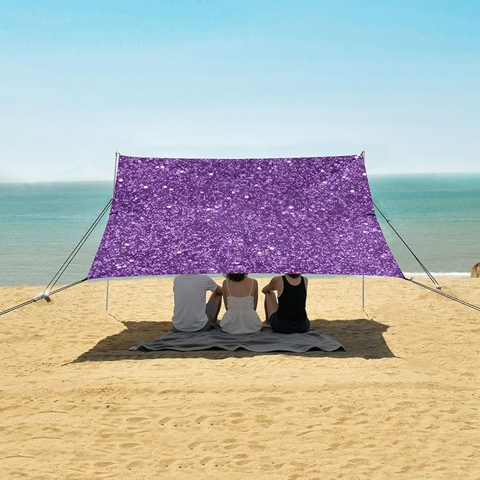 Purple Glitter Texture Beach Tent Sun Shelter 9.2' x 10.5' Beach Canopy with 4 Sandbags 4 Stability Poles Sand Shovels - Tent Canopy for Beach Camping Fishing Picnics