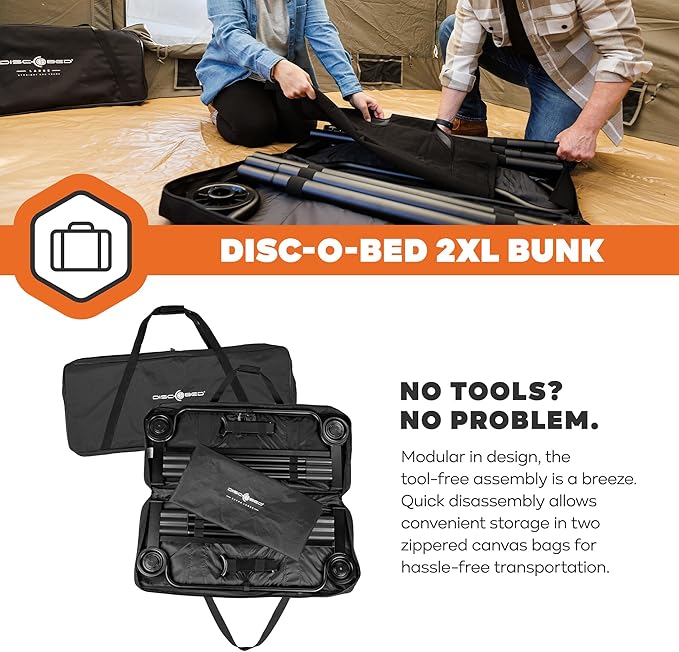 Disc-O-Bed 2XL Outdoor Convertible 2 Person Bench and Double Camping Cot Portable Bed Bunk System for Adults Black