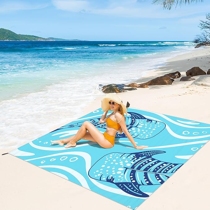 Shedoo Beach Blanket Waterproof Sandproof 9 Ft X 10 Ft Extra Large Sand Free Beach Mat Big Compact Lightweight Quick Drying Picnic Blanket with 4 Stakes &amp Pockets for Camping Travel Hiking