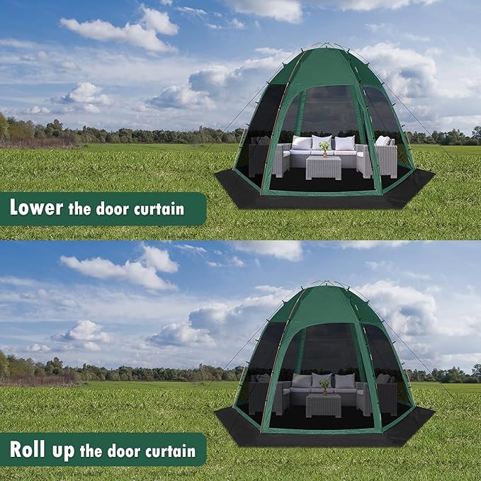 Screen Tent with Removable Floor Siebwin 10'x10' Six-Sided Gazebos with Mosquito Netting Sunproof Outdoor Canopy Tent for 4-6 People Family Backyard Party Outside Activities Green