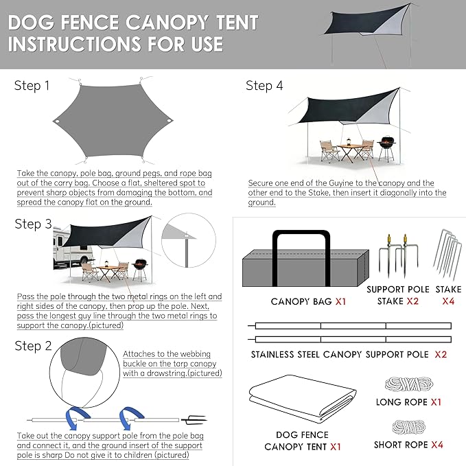 Camping Tent Tarp with Thickened Stainless Steel Bracket - PU 20000mm+ Waterproof Rain Shelter UPF2000+ Anti-UV Camping Canopy Portable Sun Shade for Camping Hiking Picnic