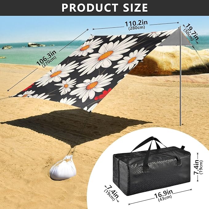 Daisy Flower Pattern Beach Tent Sun Shelter 9.2' x 10.5' Beach Canopy with 4 Sandbags 4 Stability Poles Sand Shovels - Tent Canopy for Beach Camping Fishing Picnics
