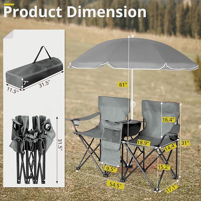 Double Folding Camping Chairs with Umbrella Portable Camping Beach Chair for Adults Outdoor 2-Seat Lawn Soccer Camp Chair with Shade Canopy Cup Holder Cooler Bag for Sports Lawn Patio Outside Grey