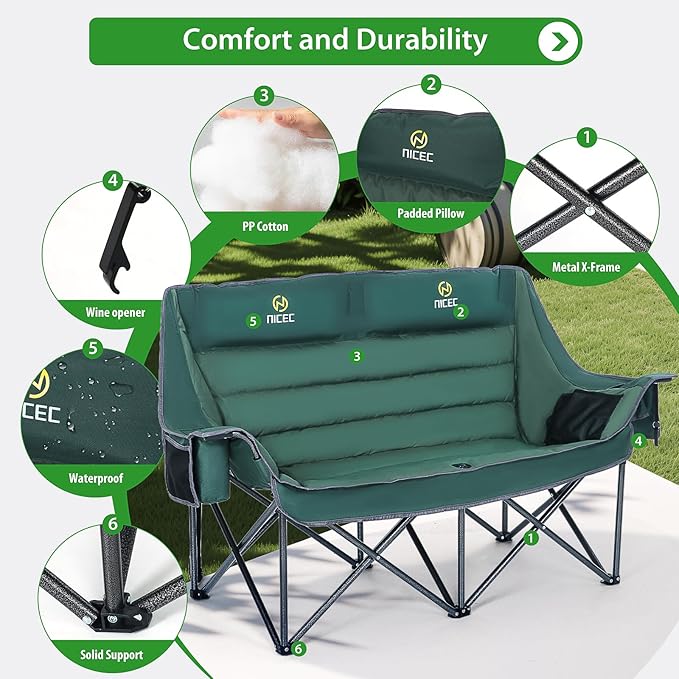 Nice C Double Padded Camping Chair Oversized Loveseat Camping Chair Outdoor Camping Couch for Adults Lawn Chairs Extra Padded with Cup Holder Cooler Bag Bottle Opener (Green)