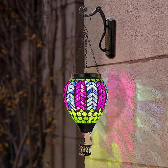 Mosaic Hot Air Balloon Solar Lanterns Outdoor Waterproof Colorful Glass Solar Hanging Lantern Lights for Garden Patio Yard Gifts for Women Mom Grandma
