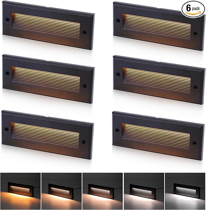 [6 Pack] Cloudy Bay 9 Inch 5CCT Low Voltage LED Outdoor Step Lights 12V-15V 3W/5W Dual-Bright Selectable Landscape Stair LightsExterior Deck Lights AluminumMetal Black