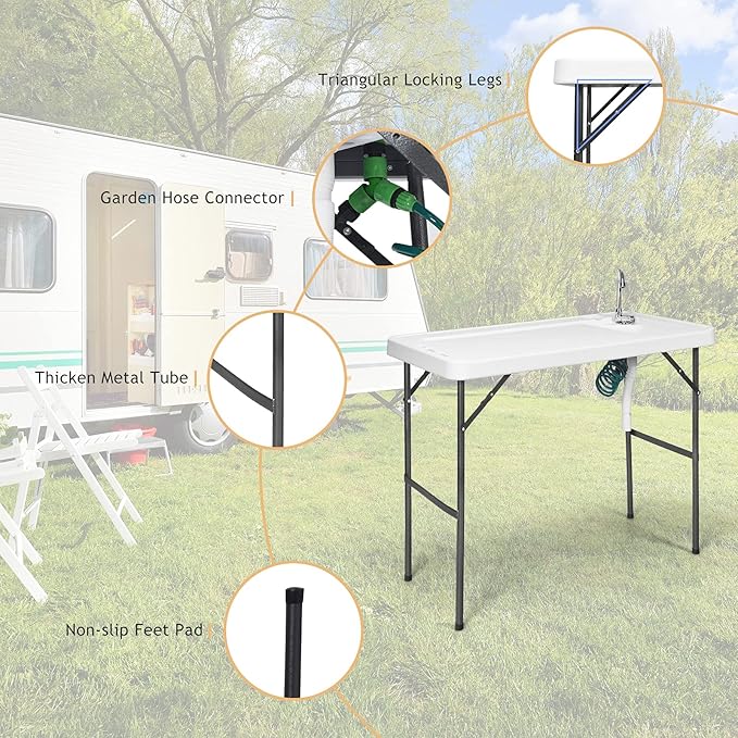 Goplus Folding Fish Cleaning Table with Sink and Spray Nozzle Heavy Duty Fillet Table with Hose Hook Up and Faucet Portable Outdoor Camping Sink Station for Dock Beach Patio Picnic