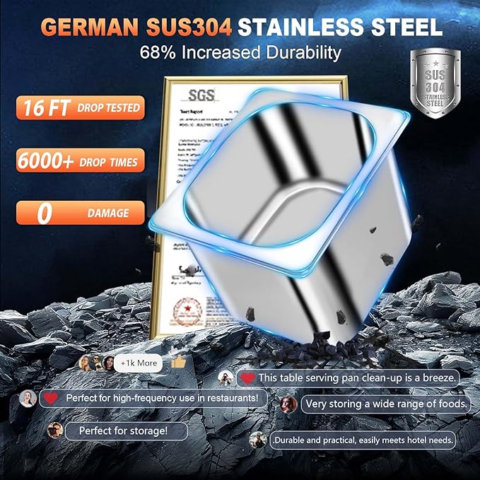 1/6 Size 6 Inch 304 Stainless Steel Hotel Pans: 8 Pack [2X Thicker] [Dishwasher Safe] 100% Food-SafeSteam Table Pan for Restaurants Catering and Parties