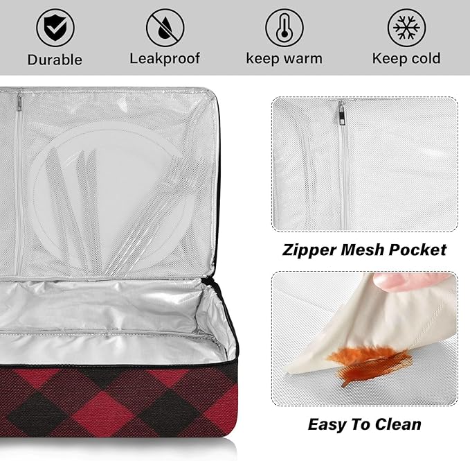 Casserole Carrier Red Black Plaid Insulated Casserole Carrier for Hot or Cold Food Thermal Lunch Tote for Parties Picnic Travel Carry Bag