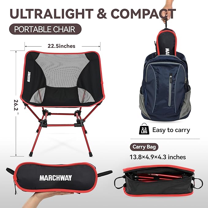 MARCHWAY Ultralight Folding Camping Chair Heavy Duty Portable Compact for Outdoor Camp Travel Beach Picnic Festival Hiking Lightweight Backpacking (Red)