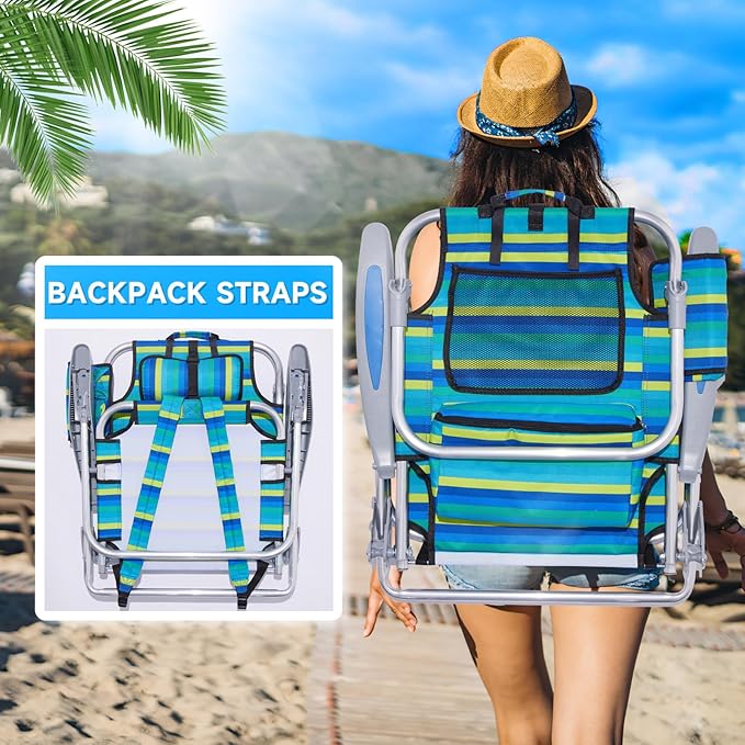 2 Pack Lightweight Portable Camping Beach Chair for Adults Outdoor Lay Flat Folding Beach Chairs with 5 Positions Backpack Beach Chair with Towel Bar Zipper Pouch Cup Holder Ocean Striped