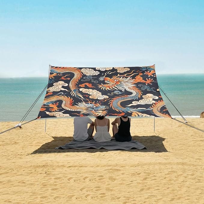 Chinese Dragon Pattern Beach Tent Sun Shelter 9.2' x 10.5' Beach Canopy with 4 Sandbags 4 Stability Poles Sand Shovels - Tent Canopy for Beach Camping Fishing Picnics