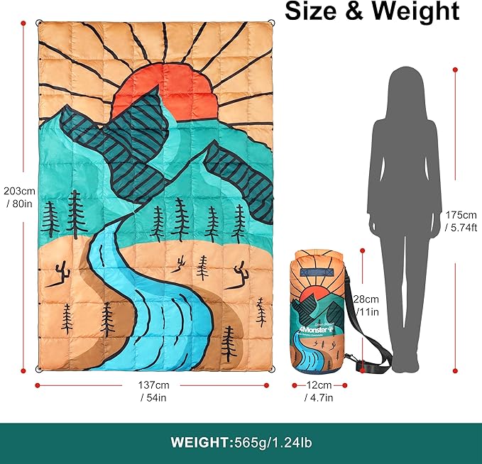 4Monster Down Camping Blanket - Outdoor Travel Quilt Puffy 650 Fill Packable LightweightWind &amp Waterproof | Ideal for Stadium BackpackingPicnics Beach and Hiking