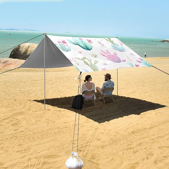 Bolaz Beach Canopy Tent Sun Shade9'×10.5' Large Family Beach Shade UPF50+- Outdoor Shade for Camping Trips FishingWatercolor Cute Cactus Pattern