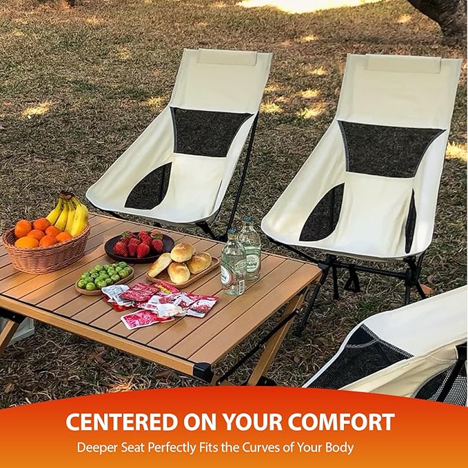 IEJ Ultralight High-Back Camping Chair - Portable Folding Backpacking Chair with Anti-sag Footmuffs Supports up to 300 lbs Compact and Durable for Outdoor Hiking Camping Fishing Reading - White