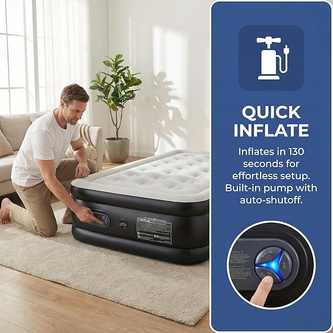 18 Inflatable Air Mattress with Built-in Pump Double Height Non-Slip 660lb Capacity - Queen Size