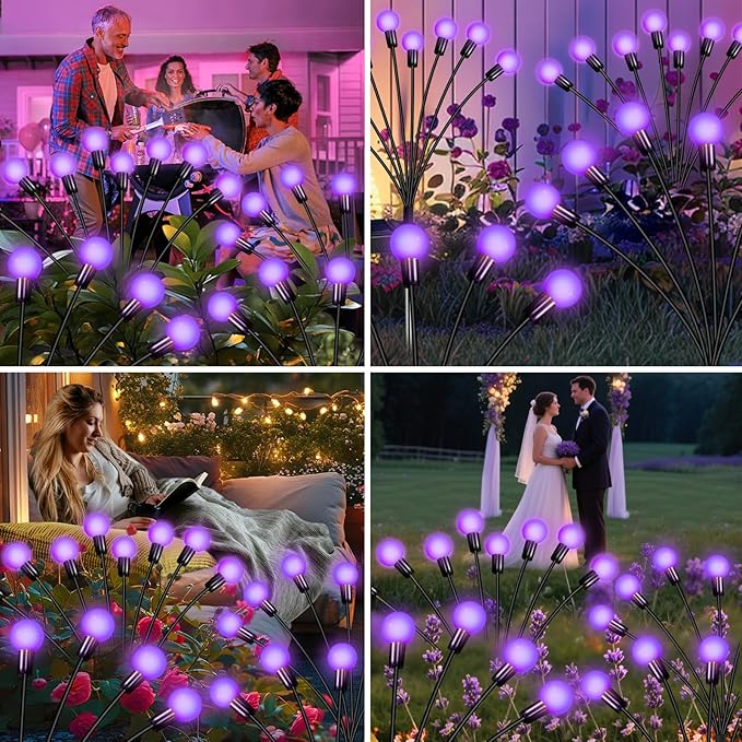 Solar Garden Lights 16 LEDs Purple 2 Pack 8 Heads Outdoor Waterproof Swaying Firefly Lights for Yard Patio Pathway Lawn Decorations