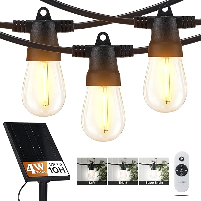 Brightech Ambience Pro Super Bright Solar - 27Ft Remote Control Outdoor String Lights with 12 Shatterproof S14 Bulbs Commercial Grade LED Waterproof Patio Lights 4W Soft White for Patios Gardens