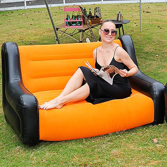 Inflatable Sofa Blow Up Couch 2 Seat Flocked PVC for Indoor Outdoor Use with Armrests Supports 150kg