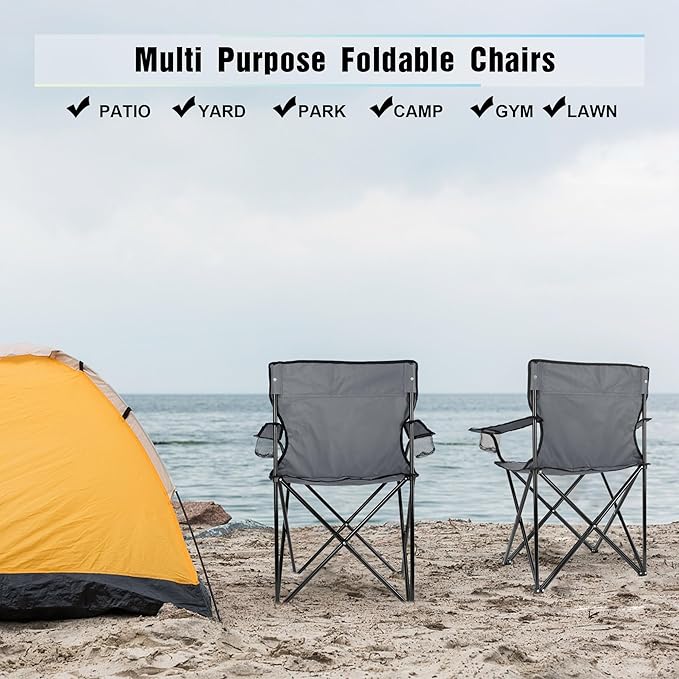 HaSteeL Camping Chair for Adults Folding Beach Chair Set of 2 Large Foldable Portable Chair for Outdoors Fishing Hiking Sporting Travel Picnic Lawn Hold 275lbs &amp A Storage Bags (Grey)