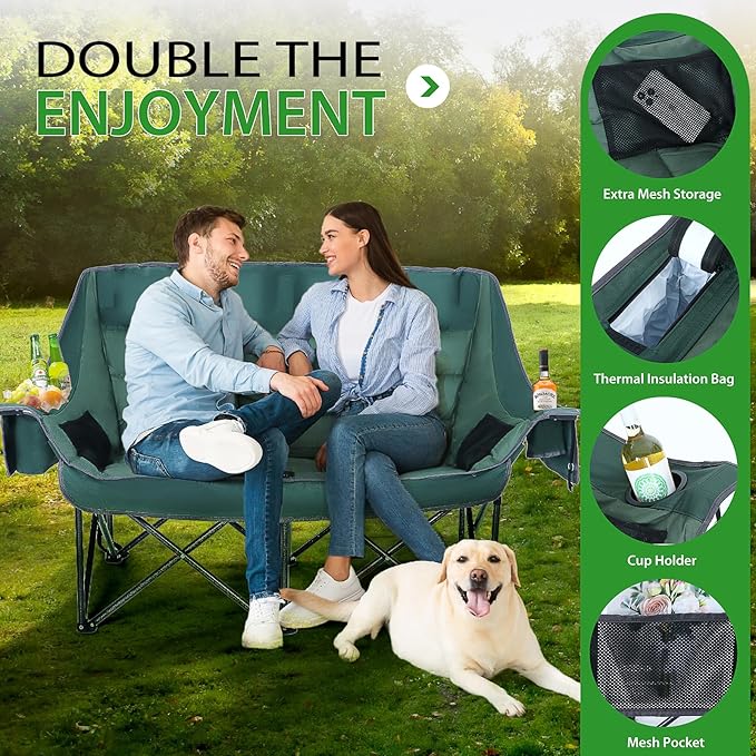 Nice C Double Padded Camping Chair Oversized Loveseat Camping Chair Outdoor Camping Couch for Adults Lawn Chairs Extra Padded with Cup Holder Cooler Bag Bottle Opener (Green)