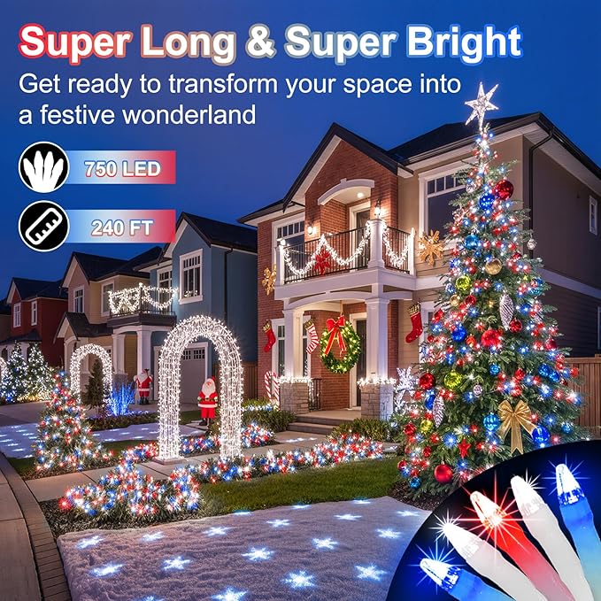 750 LED 240FT Christmas String Lights Outdoor Christmas Light with 8 Lighting Modes&amp Timer &amp Memory Plug in Waterproof Clear Wire Twinkle Light for for Xmas Yard Tree Party Decor Red White B