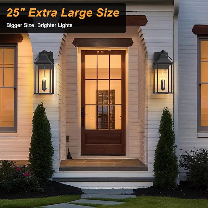 25-INCH Dusk to Dawn Outdoor Wall Light Large Size Waterproof Patio Lanterns 3-Light Exterior Wall Mount Lantern Sconce with Glass Black Wall Sconces for House Garage Front Door