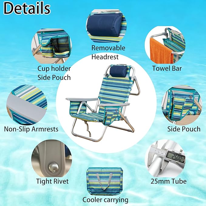 Aluminum Backpack Low Profile Beach Chair - 5-Position Lay Flat Reclining Folding Chair with Removable Cooler Bag - Heavy Duty 330 lbs Capacity Lightweight Portable Sand Seat - Striped Green