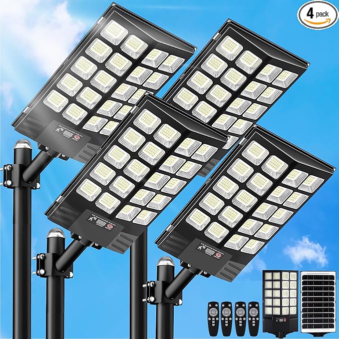 4 Pack 16 Large Solar Street Lights Outdoor Waterproof - Solar Powered Security Parking Lot Light Dusk to Dawn 60000LMMotion Sensor Commercial LED Solar Flood Lights Remote Control for Outside Yard