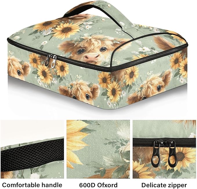 Casserole Carrier Watercolor Pattern Highland CowsInsulated Casserole Carrier for Hot or Cold Food Thermal Lunch Tote for Potluck Parties Picnic Beach Fits 9 x 13 Inches Baking Dish