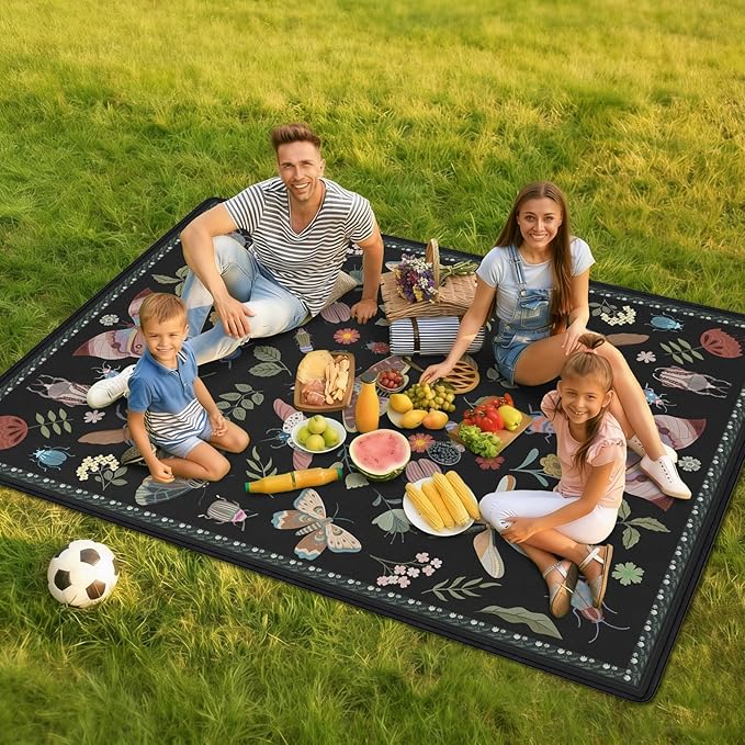Insect Picnic Blankets Waterproof Foldable 60″X80″ Packable Picnic Mat Boho Outdoor Blanket for Grass Large Beach Blanket Sandproof Picnic Accessories for Camping Music Festival Park Lawn Travel