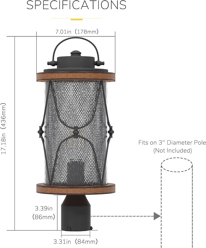 Inlight 17’’ High Farmhouse 1-Light Outdoor Post Mount LightClear Seeded Glass Shade and Meshed Metal Matte Black and Barnwood Finish Hardwired Lantern Head Bulb Not Included IN-0645-1-BK