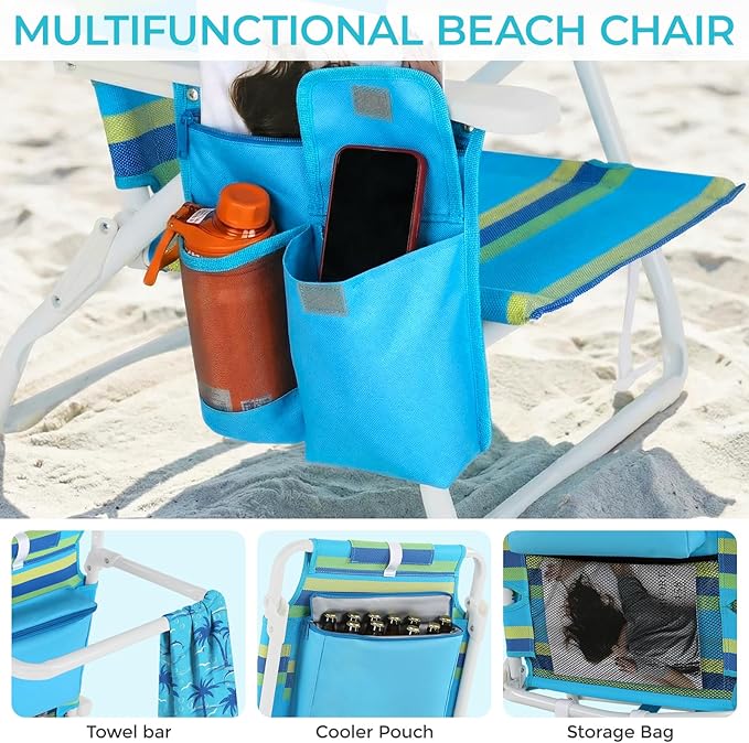 TLSUNNY 25 W Low Beach Chair for Adults W/5-Position Lay Flat &amp Cooler Pouch Folding Backpack Beach Chair W/Headrest Storage Bag Towel Bar Foot Mat for Camping350LBS(1 Blue/Green 8.9″)