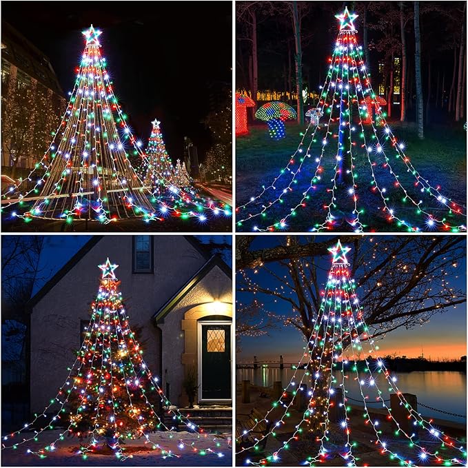 BlcTec Outdoor Christmas Lights 344 LED Christmas Star Lights with 9 Strands 11.9ft Waterfall Tree Lights 8 Modes Waterproof &amp Timer for Garden Yard Patio Outdoor Xmas DecorationsRed Green Whit