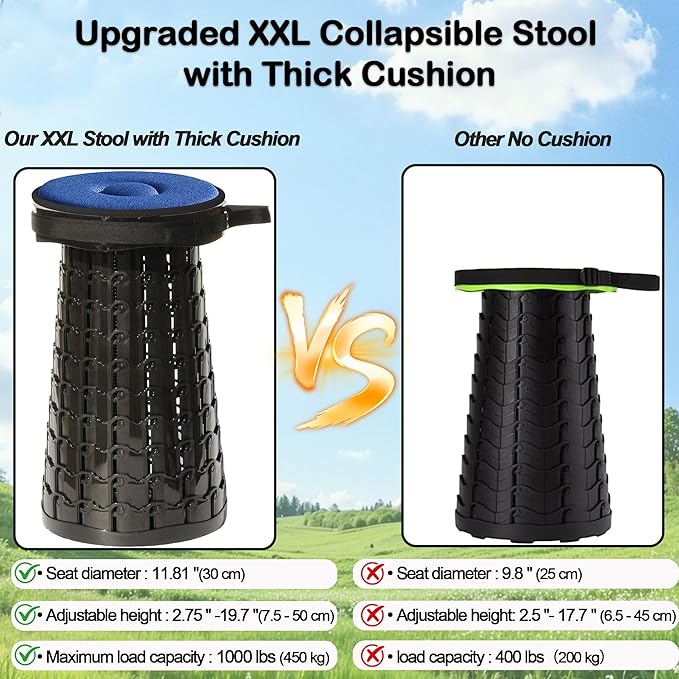 ALEVMOOM 2026 Upgraded XXL 19.7 Collapsible Stool with Cushion 1000lbs Max Weight Heavy Duty Portable Telescoping Stool Retractable Seat Folding Chair for Camping Fishing Hiking(Black-XXL)
