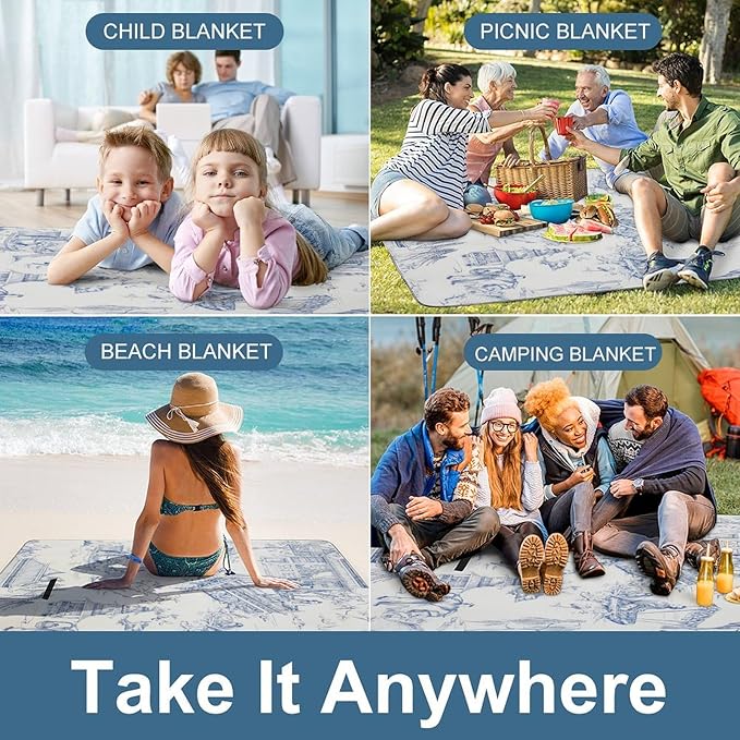 Blue and White Chinese Folk Chinoiserie Style Waterproof Outdoor Picnic Blanket Sandproof Beach Mat for Camping Hiking Grass Travelling