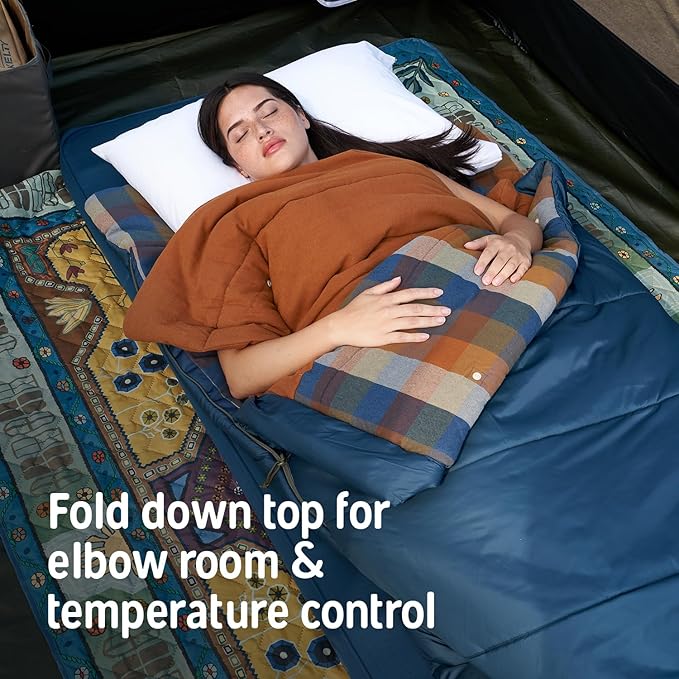 Kelty Wayback Flannel Lined Sleeping Bag Built in Blanket Traditional Rectangle Shape Organic Flannel Cotton Liner Dual Locking Slide Zips