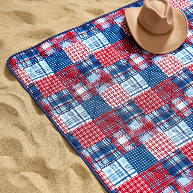 Weatherproof Vintage Waterproof Outdoor Blanket- Blue and Red Roll Up Throw Blanket with Handle Velcro Closure - Camping Supplies Travel Blanket for Beach Picnic &amp Events 60x72 (Madras)