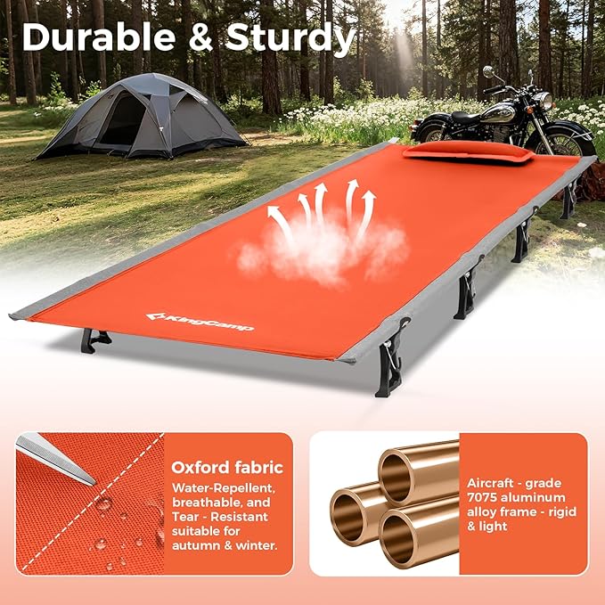 KingCamp Ultralight Camping Cot Portable Folding Tent Camping Cot 265 Lbs Heavy Duty Sleeping Cot with Pillow for Adults Outdoor Backpacking Travel Hiking Orange