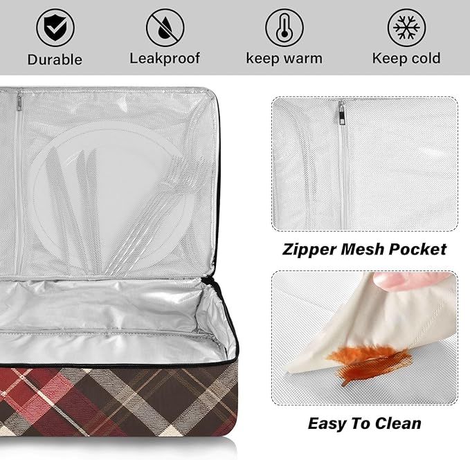 Casserole Carrier Red and Brown Tartan Print Insulated Casserole Carrier for Hot or Cold Food Thermal Lunch Tote for Parties Picnic Travel Carry Bag